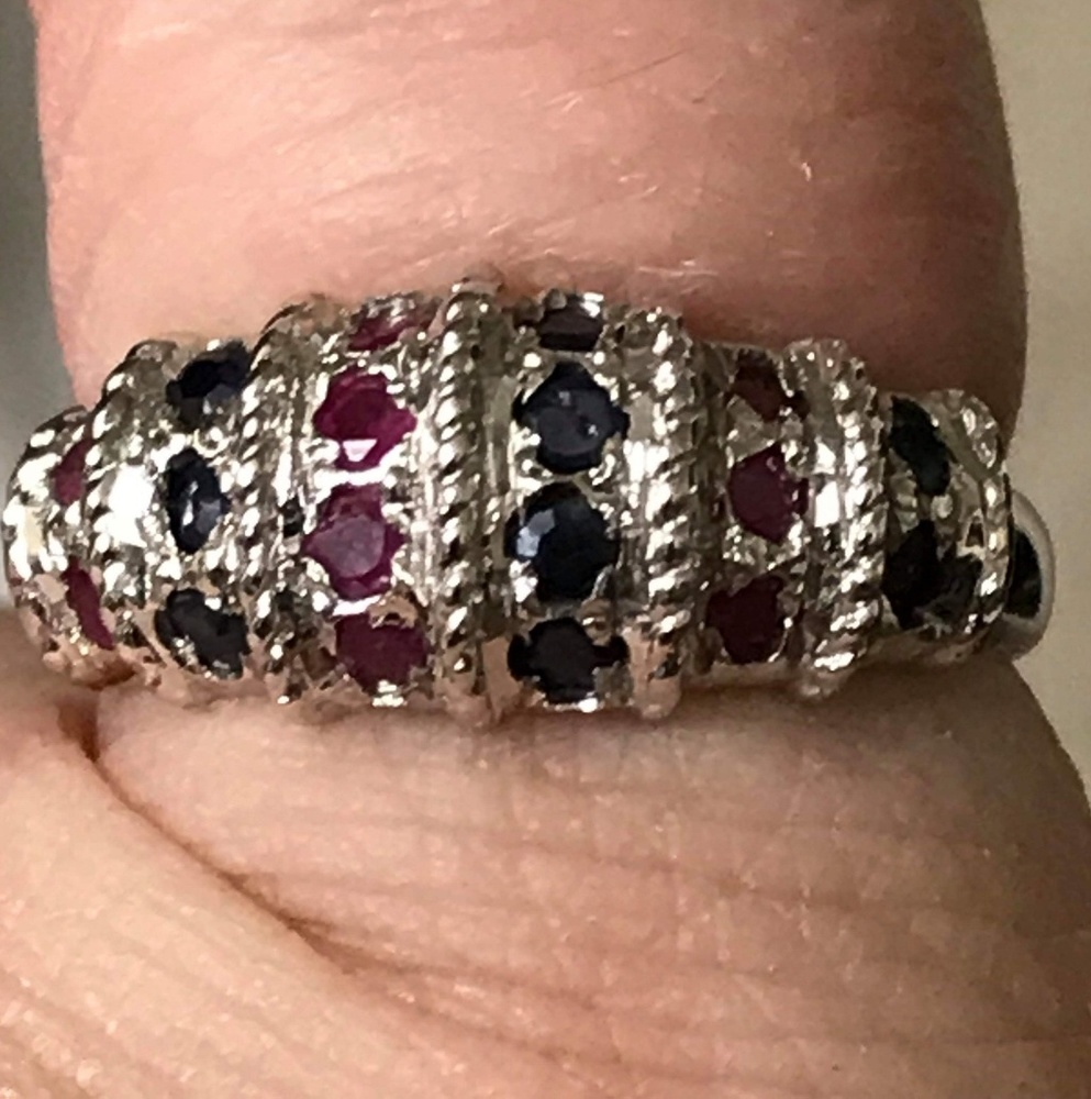 New! Genuine Blue Sapphire + Ruby .925 Ring + Gift